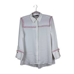 NWT Zara White Long Sleeve Button Up Pink Piping Detail Semi Sheer Blouse Size M